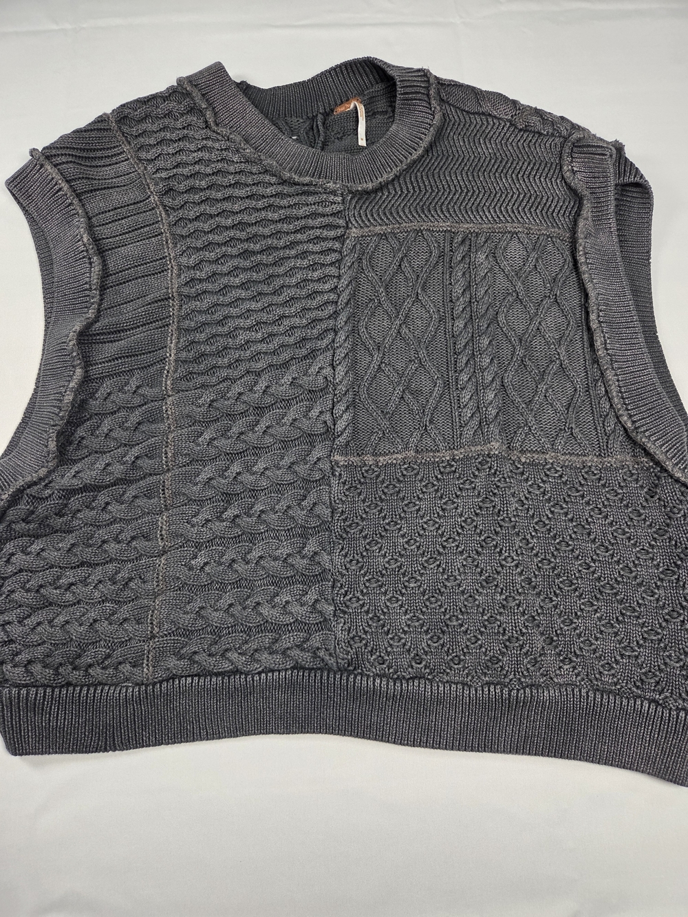 Free People Charcoal Patchwork Cable-Knit Sleeveless Crewneck Sweater